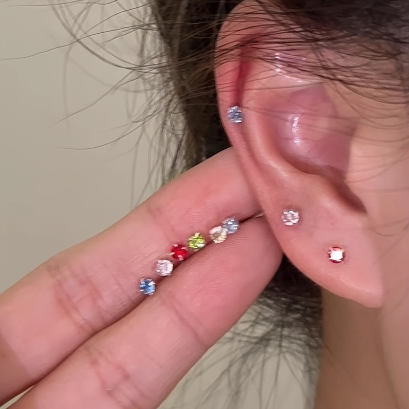 8pcs 6-Prong 3mm Colored Stud Earrings, Random Colors
